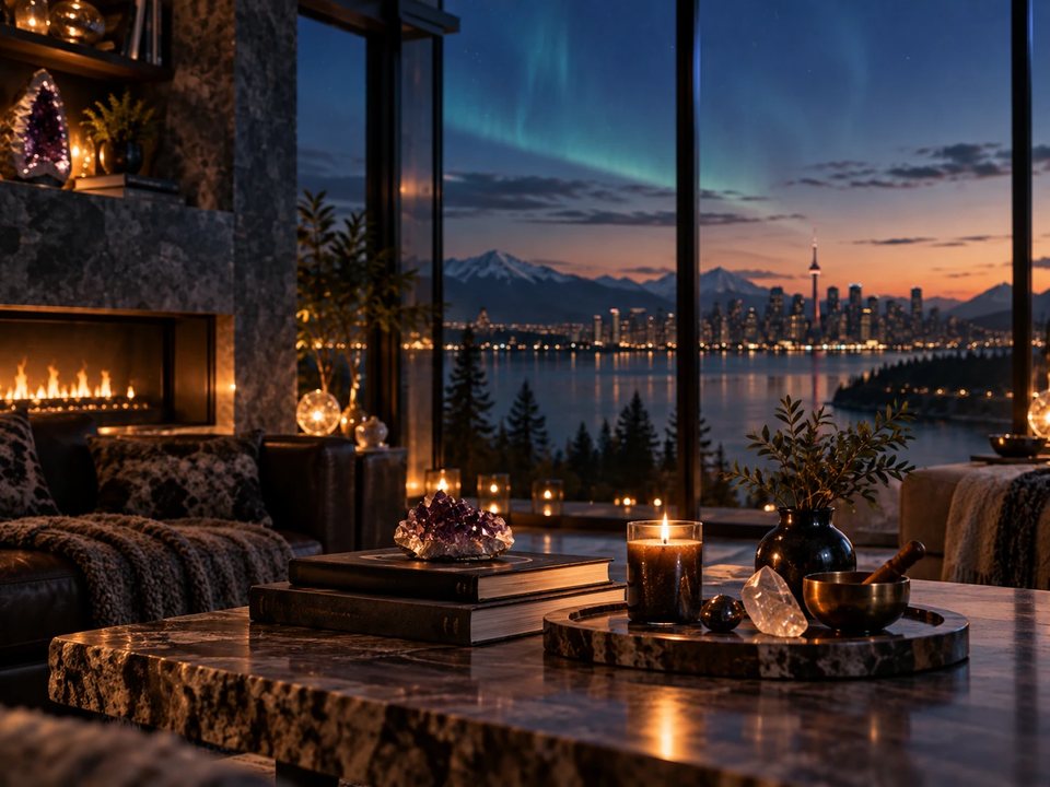 Cabinet de consultation contemporain au Canada : cheminée, cristaux et vue sur le lac, la ville et l’aurore boréale