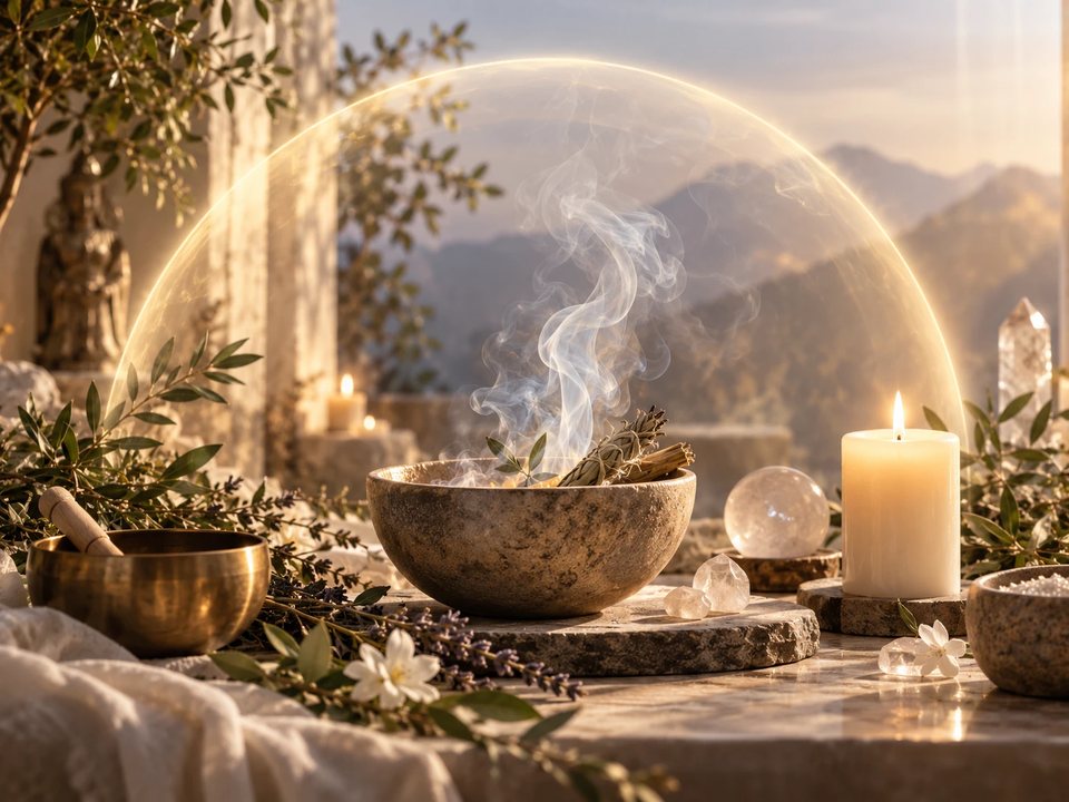 Autel de purification : bol de pierre où fume la sauge, bol chantant, bougie, quartz et branches d’olivier sous un dôme de lumière protecteur